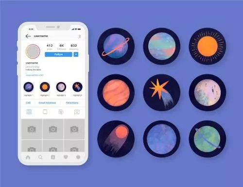 مجموعه وکتور های هایلایت های اینستاگرام آبرنگی به همراه آیکون های سیارات فایل EPS و Ai کد 23374