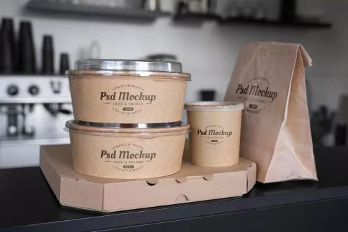 موکاپ چیدمان غذای آماده و پیتزا مناسب برای نماد و لوگو رستوران و فست فود 23380