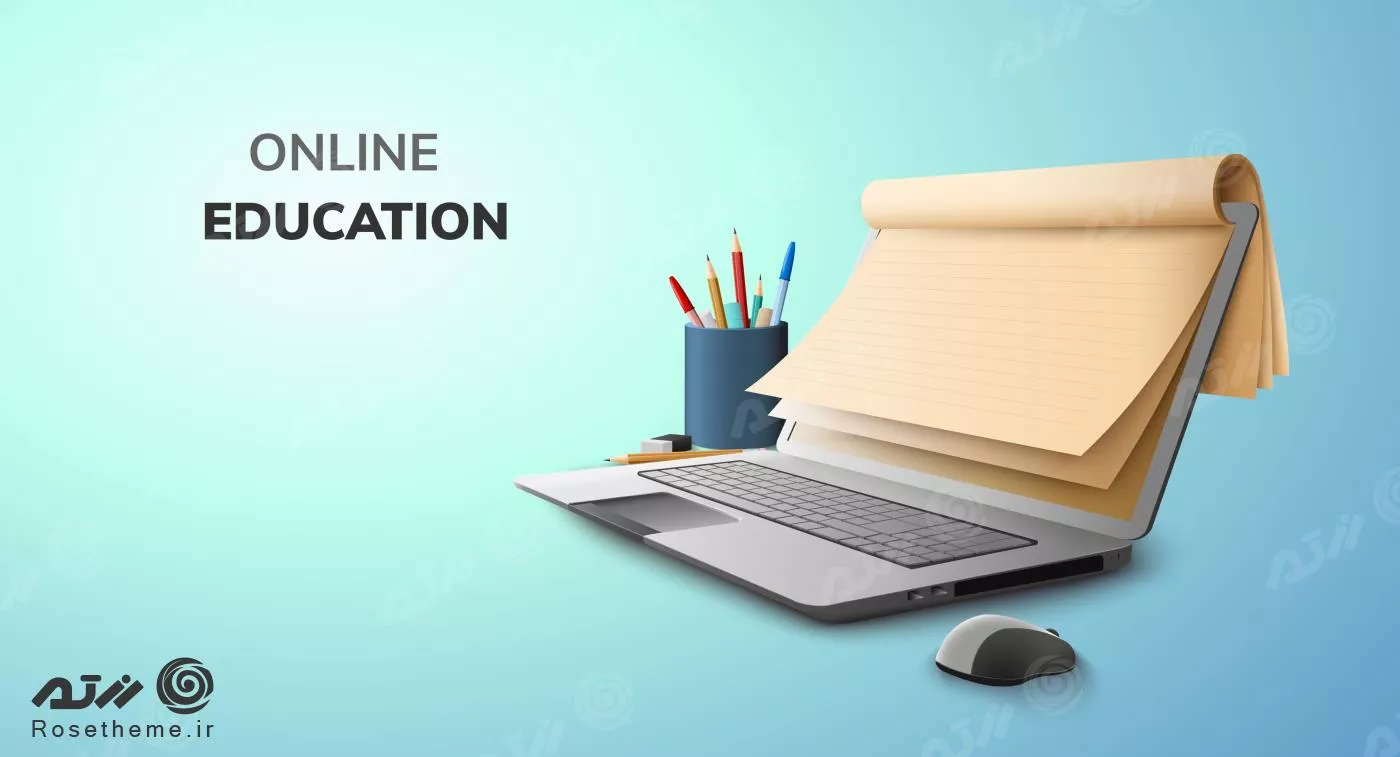 وکتور آموزش آنلاین در لپ تاپ به صورت طرح گرافیکی شامل لپ تاپ و جامدادی به همراه مداد و خودکار 23390
